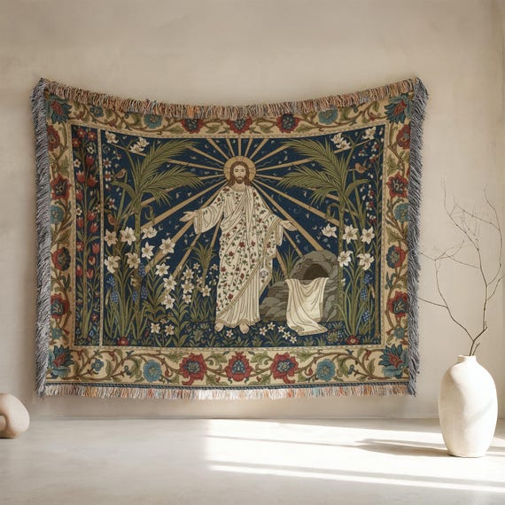 Floral Resurrection Woven Blanket, Christian Tapestry Wall Hanging