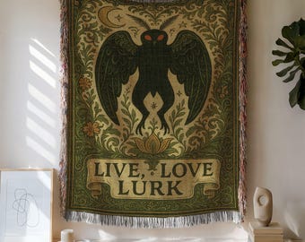 Mothman Woven Cotton Blanket: Gothic Cryptid Live Love Lurk Art Throw, Paranormal Home Decor