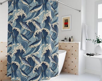 Sardiner Duschdraperi: Nautisk havsvågsbadrumsdekor