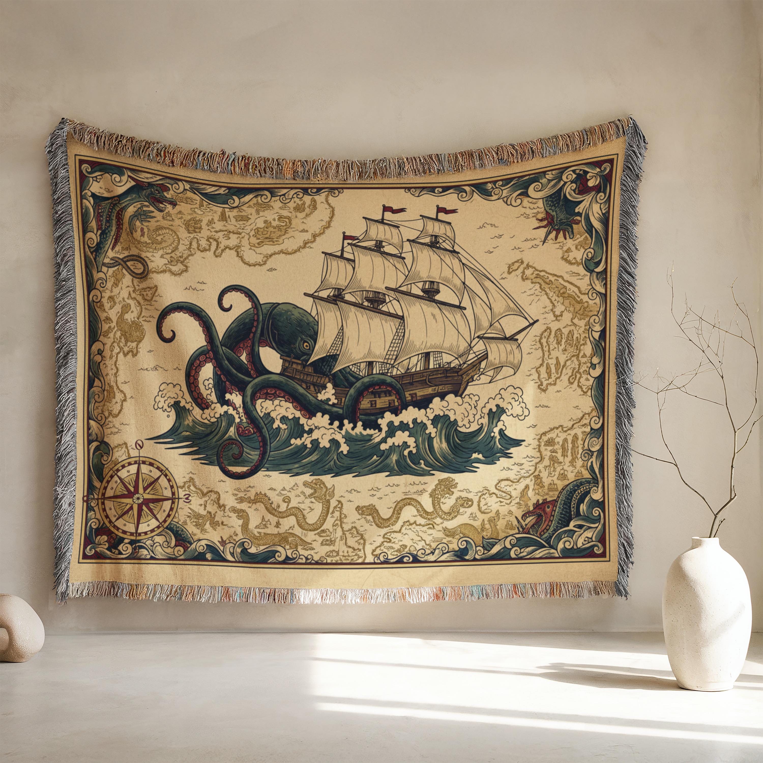 Kraken Ship Woven Blanket, Nautical Tapestry, Pirate Decor - Etsy