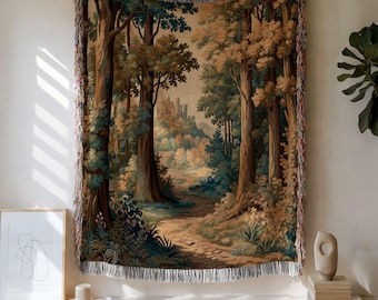 Castle Verdure Cotton Tapestry, Aubusson Forest Woven Blanket, Botanical Wall Hanging, Vintage Style Home Decor, Elegant Throw Blanket