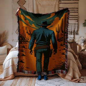Western Woven Blanket, Cowboy Throw Blanket Tapestry, Desert Wall Hanging, Southwestern Decor, Retro Vintage Style Cotton Blanket
