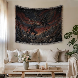 Dark Art Wall Tapestry, Mythical Creature Mothman Artwork, Gothic Home Decor, Cryptid Creature Decor, Fantasy Landscape Wall Hanging