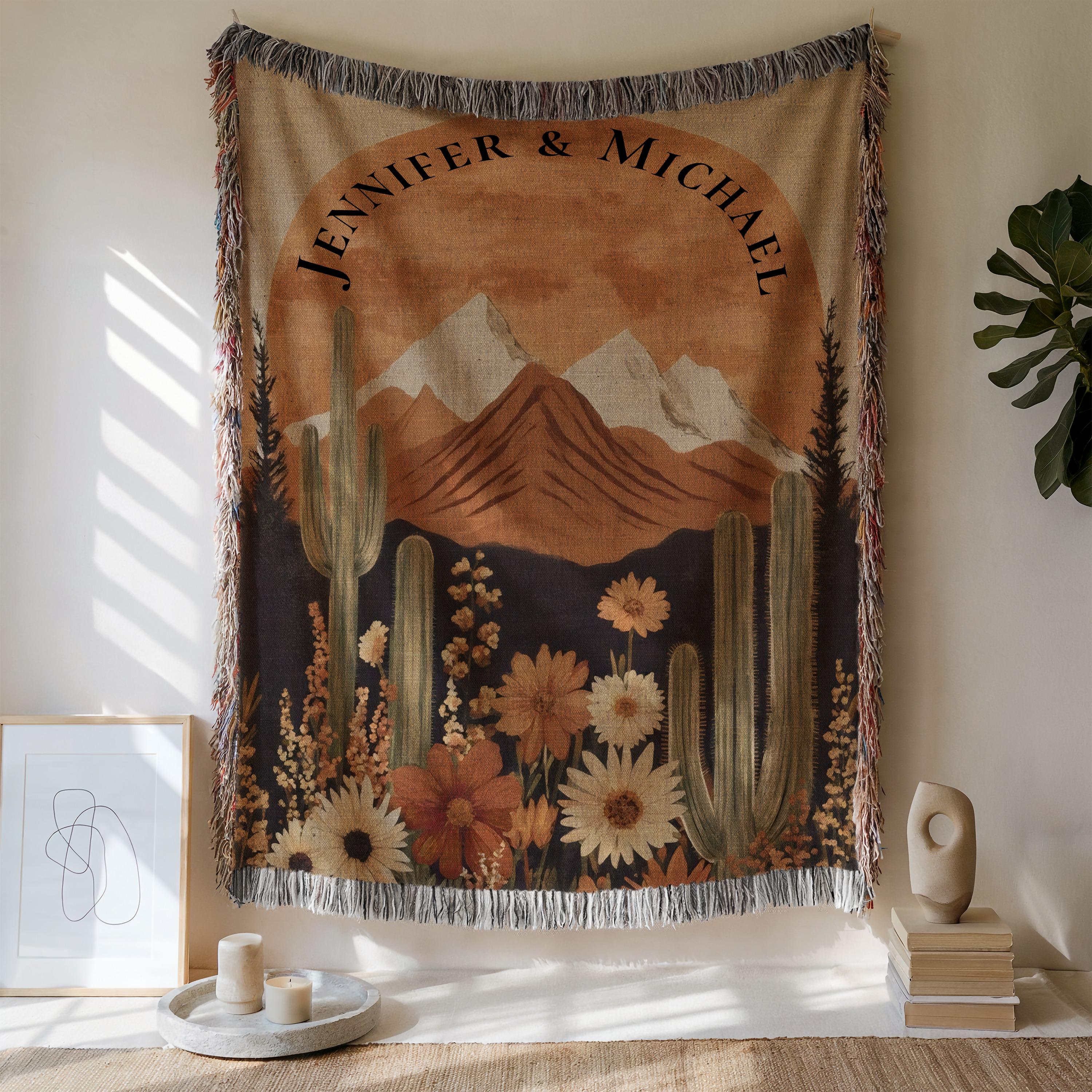 Southwestern Desert Woven Blanket: Cotton Cactus Tapestry Wall Art