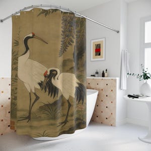 Vintage Japanese Crane Shower Curtain: Elegant Asian Bird Art