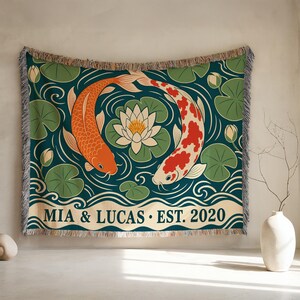 Koi Fish Pond Woven Blanket | Zen Japanese Tapestry Wall Hanging | Lotus Couple Anniversary Gift