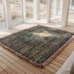 Large Tapestry Rug, Forest Scene Carpet, Vintage Woven Rug, Bohemian Floor Mat, Artistic Home Decor, Living Room Area Rug