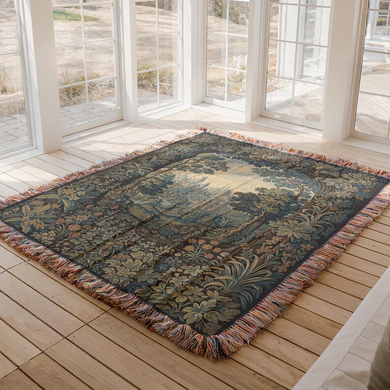 Large Tapestry Rug, Forest Scene Carpet, Vintage Woven Rug, Bohemian Floor Mat, Artistic Home Decor, Living Room Area Rug
