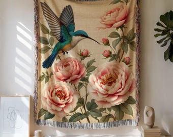 Geweven katoenen deken Hummingbird & Roses: bloementuintapijt
