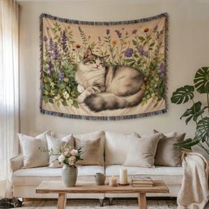 Cat & Floral Woven Blanket: Cotton Tapestry Throw, Cozy Home Decor