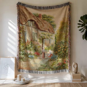 Cottagecore Woven Cotton Blanket: Vintage Farmhouse Tapestry Throw