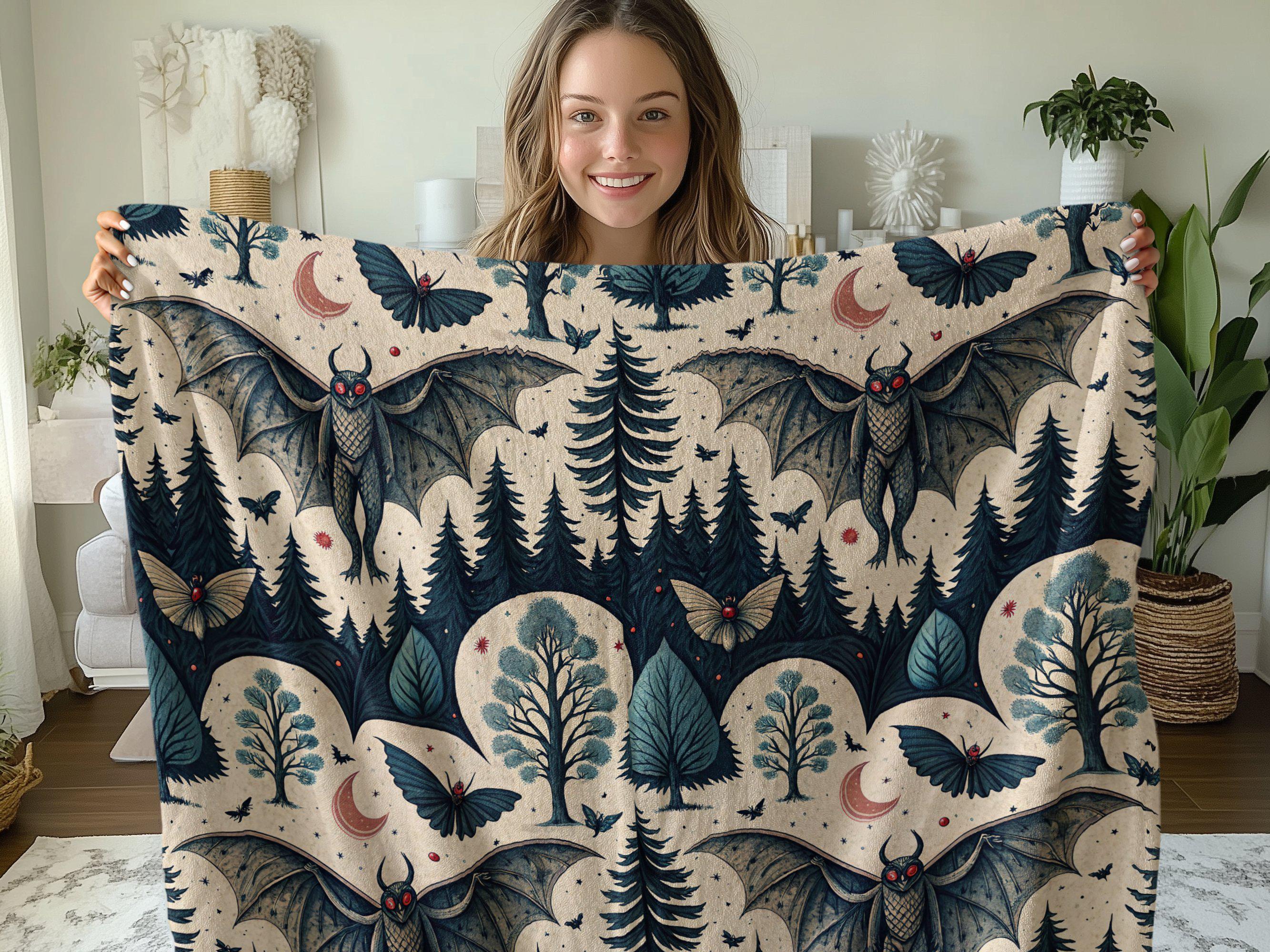 Mothman Woven Cotton Blanket: Cryptid Art Tapestry