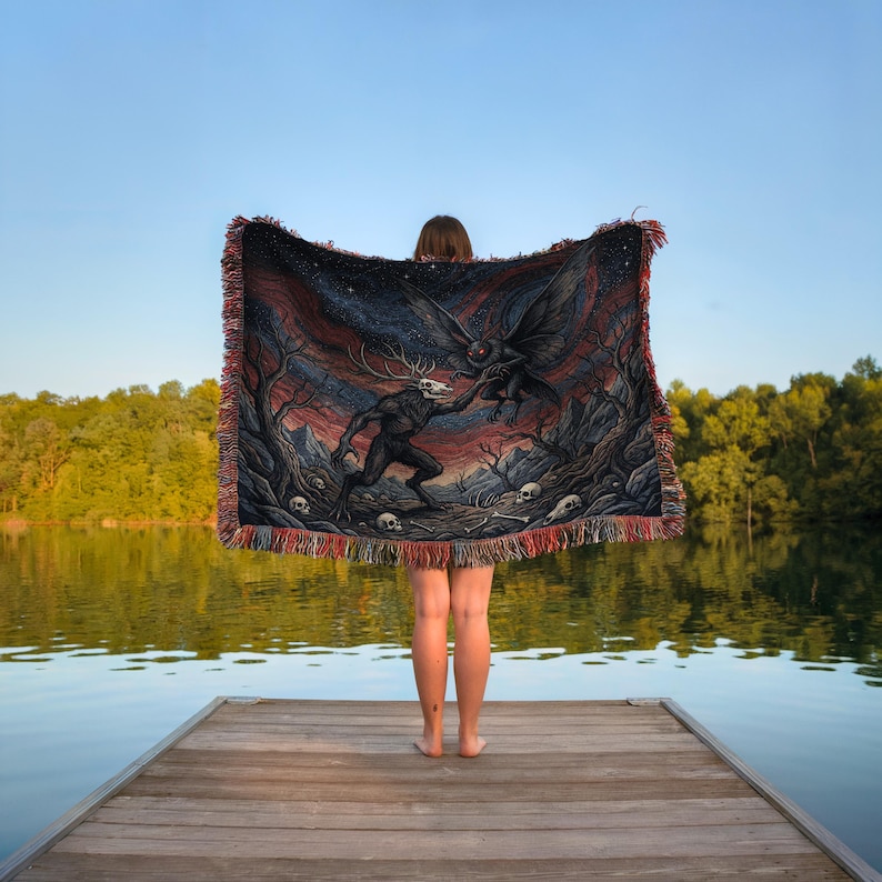 Fantasy Art Blanket, Mythical Creature Throw Blanket, Dark Woodland Print, Gothic Tapestry, Cozy Home Decor, Unique Gift Idea