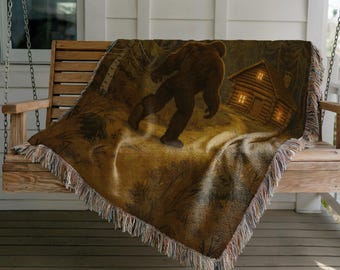 Bigfoot geweven katoenen deken: Sasquatch hutdecoratie wandtapijt