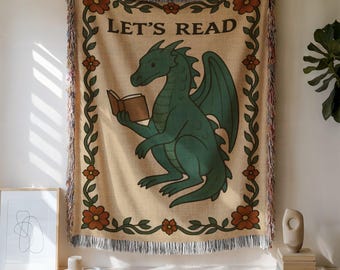 Reading Dragon Woven Cotton Blanket: Fantasy Book Lover Throw