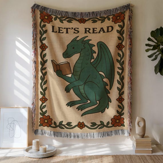 Lesedrachen-Decke aus gewebter Baumwolle: Kuscheldecke für Fantasy-Buchliebhaber