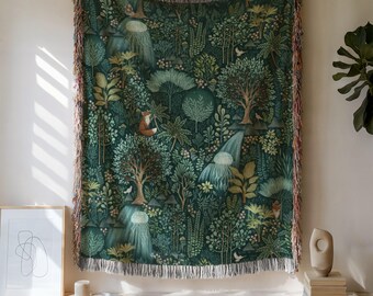 Enchanted Forest Cotton Woven Blanket, Woodland Tapestry Throw