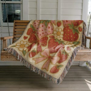 Strawberry Cotton Woven Blanket: Cottagecore Throw with Bows & Hearts