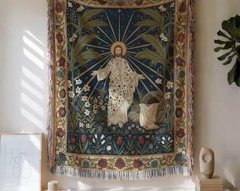 Jesus Woven Blanket, Floral Jacquard Tapestry, Christian Easter Decor