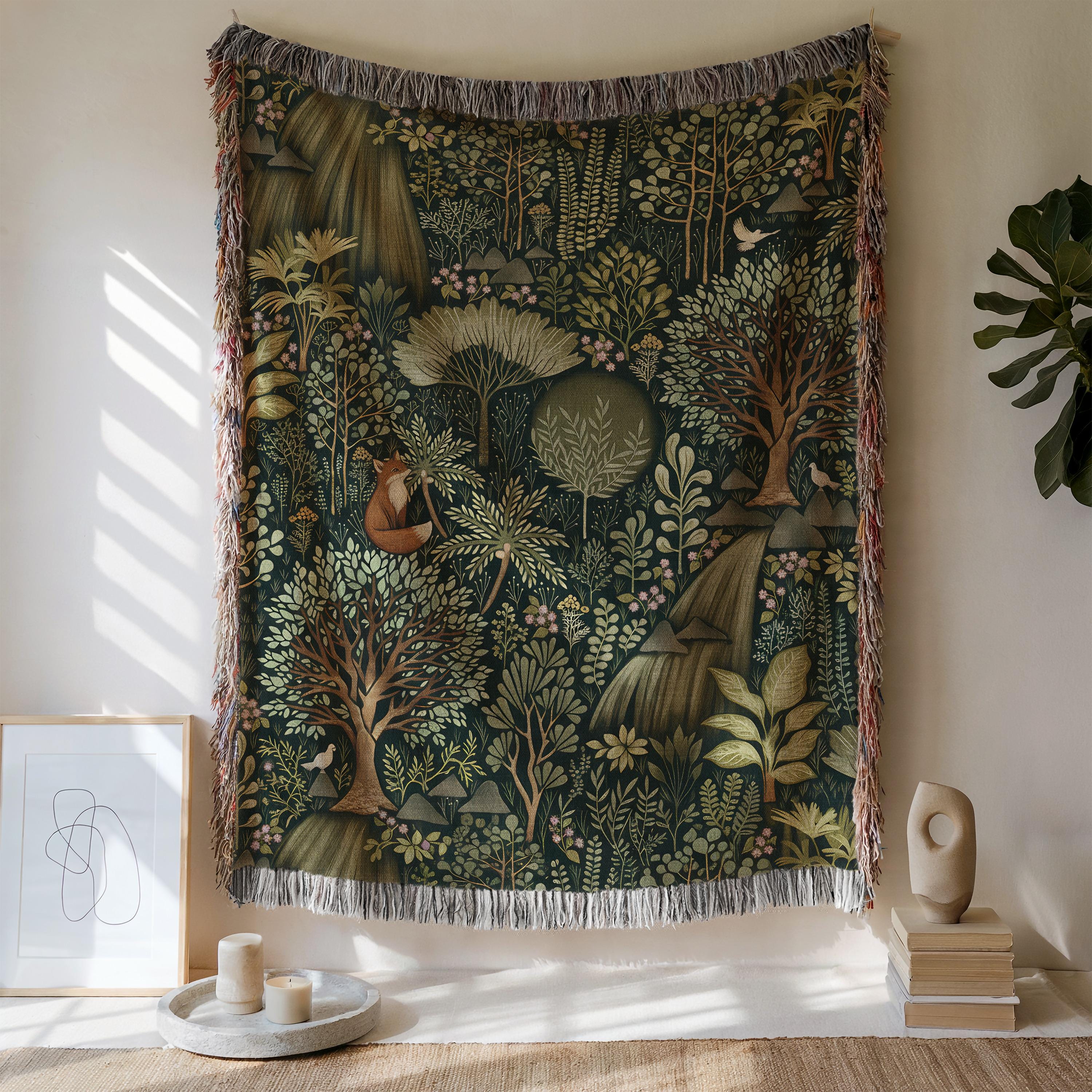 Forest Fox Woven Blanket | Cottagecore Animal Tapestry | Rustic
