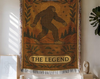 Bigfoot Woven Cotton Blanket: Sasquatch Legend, Camping Cabin Decor