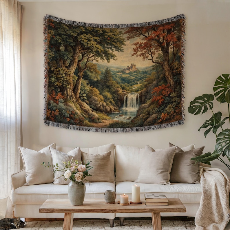 Tapestry Wall Hanging, Forest Landscape Tapestry, Castle and Waterfall Tapestry, Nature Decor, Large Tapestry for Living Room