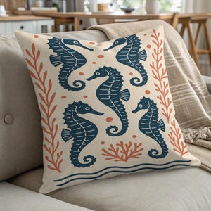 Funda de almohada de caballito de mar, cojín costero, decoración de casa de playa, cojín náutico, cojín de animales del océano, regalo para amantes de los caballitos de mar