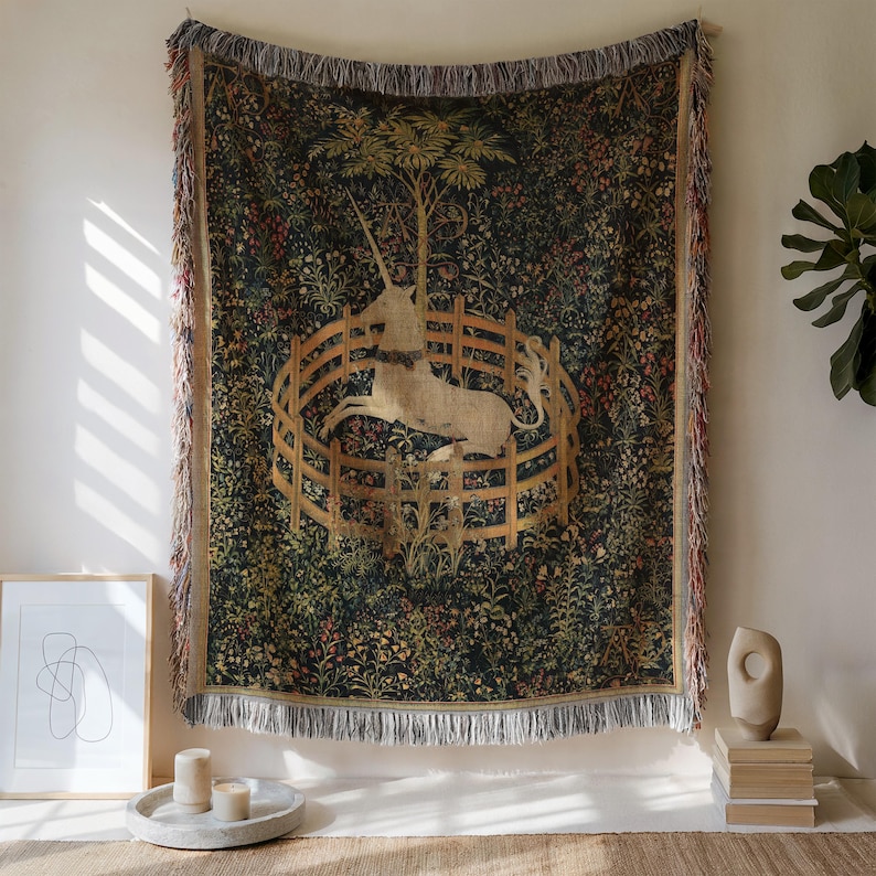 Unicorn in Captivity Tapestry Woven Blanket: Medieval Classical Art, Cotton Throw