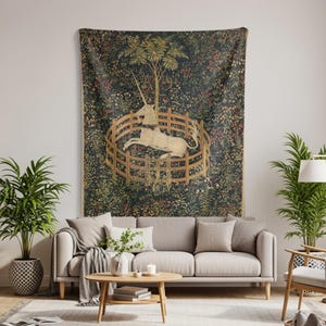 Unicorn Tapestry: Unicorn Rests in the garden Medieval Art Wall Hanging