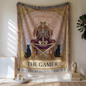Gamer Skeleton Woven Blanket: Gothic Geek Decor, Cotton Bedspread