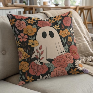 Floral Ghost Pillow, Halloween Decor, Spooky Season Pillow, Cute Ghost Throw Pillow, Fall Decor, Autumn Cushion, Trendy Halloween Gift
