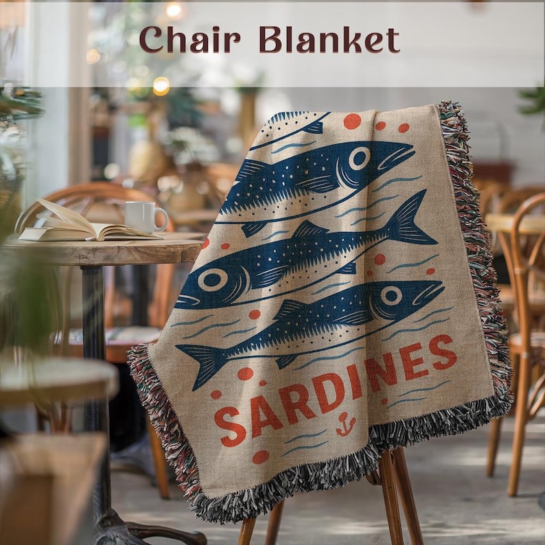 Sardines Chair Blanket, Cozy Fish Throw, Artistic Home Decor Blanket, Nautical Theme Blanket, Unique Printed Blanket, Boho Decor