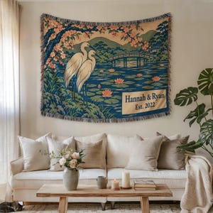 Japanese Heron Woven Blanket | Vintage Asian Tapestry Hanging | Zen Bedroom Decor Gift