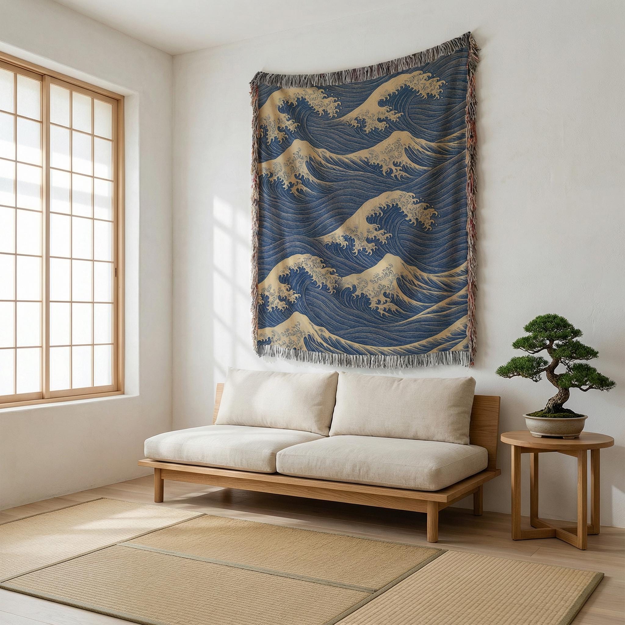 Japanese Wave Tapestry: Asian Woven Cotton Blanket, Coastal Boho
