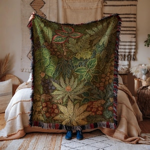 Jungle Woven Cotton Blanket: Botanical Tapestry Throw with Fringe