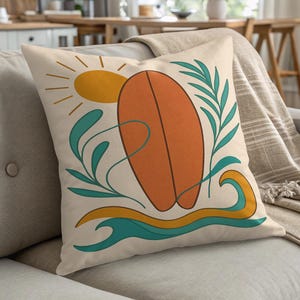 Surfboard Throw Pillow: Beach House Coastal Decor - Summer Gift