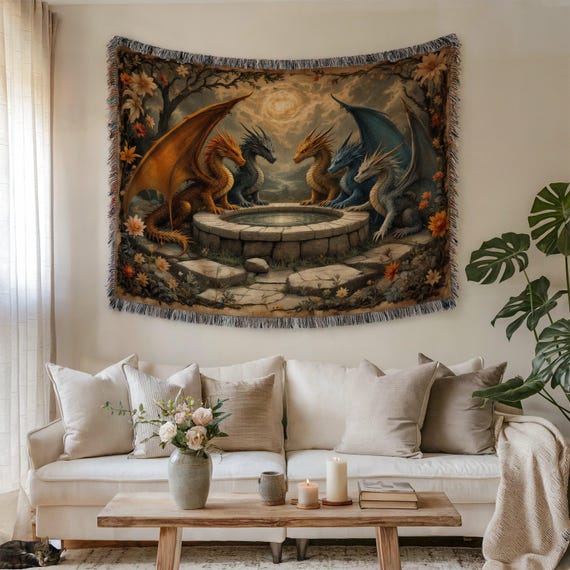 Dragon Tapestry: Medieval Fantasy Woven Blanket, Castlecore Art
