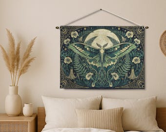 Luna Moth Woven Tapestry, Botanical Celestial Wall Art