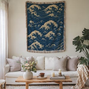 Japanese Waves Woven Blanket: Hokusai Inspired Coastal Tapestry