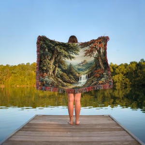 Vintage landscape woven throw blanket, cozy tapestry with scenic design, decorative nature art blanket, perfect for home decor