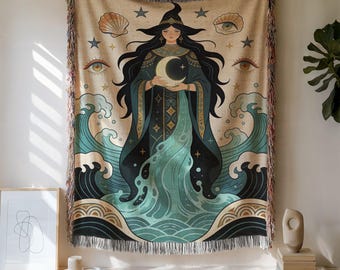 Arazzo tessuto "Walking Moon", arazzo da parete celeste boho