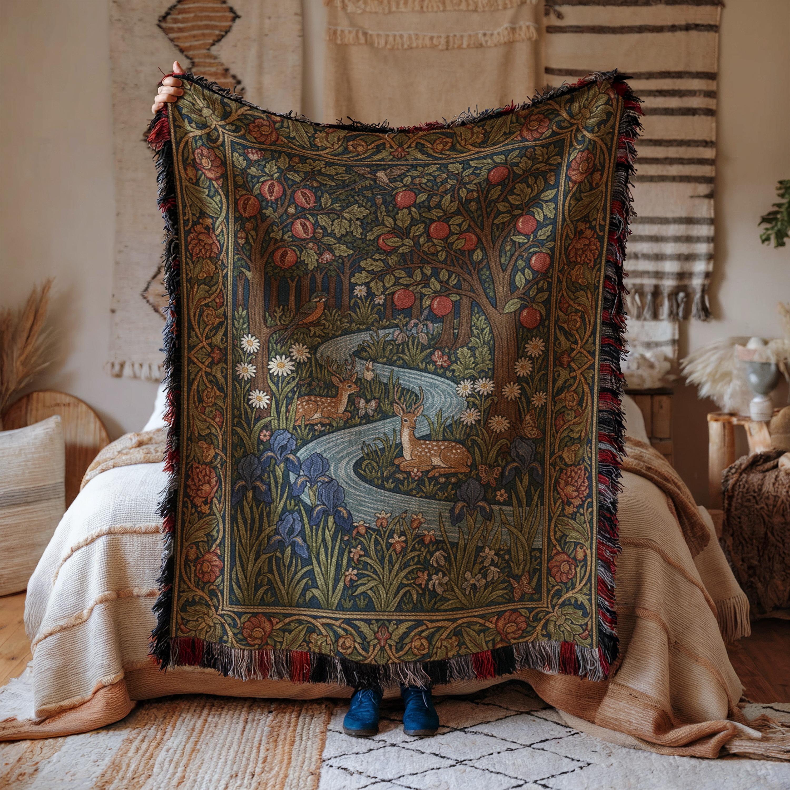 William Morris Forest Woven Blanket | Cottagecore Deer Tapestry