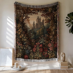 Couverture tissée château médiéval : tapisserie flamande, jeté en coton