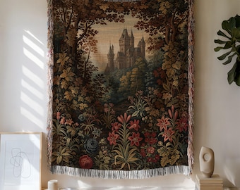 Medieval Castle Woven Blanket: Flemish Tapestry Art, Forestcore Cotton Throw