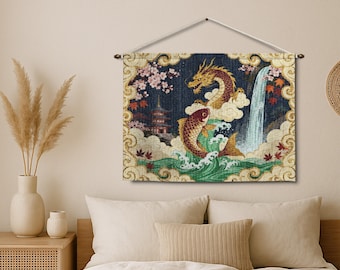 Japanese Dragon Koi Fish Woven Tapestry, Oriental Wall Decor