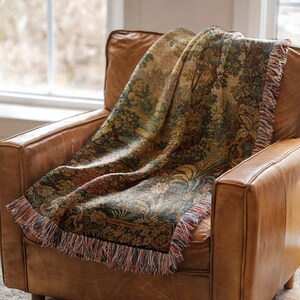 Vintage tapestry throw blanket, decorative woven sofa blanket, bohemian style couch cover, fringed blanket for living room decor