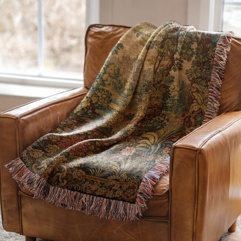 Vintage tapestry throw blanket, decorative woven sofa blanket, bohemian style couch cover, fringed blanket for living room decor