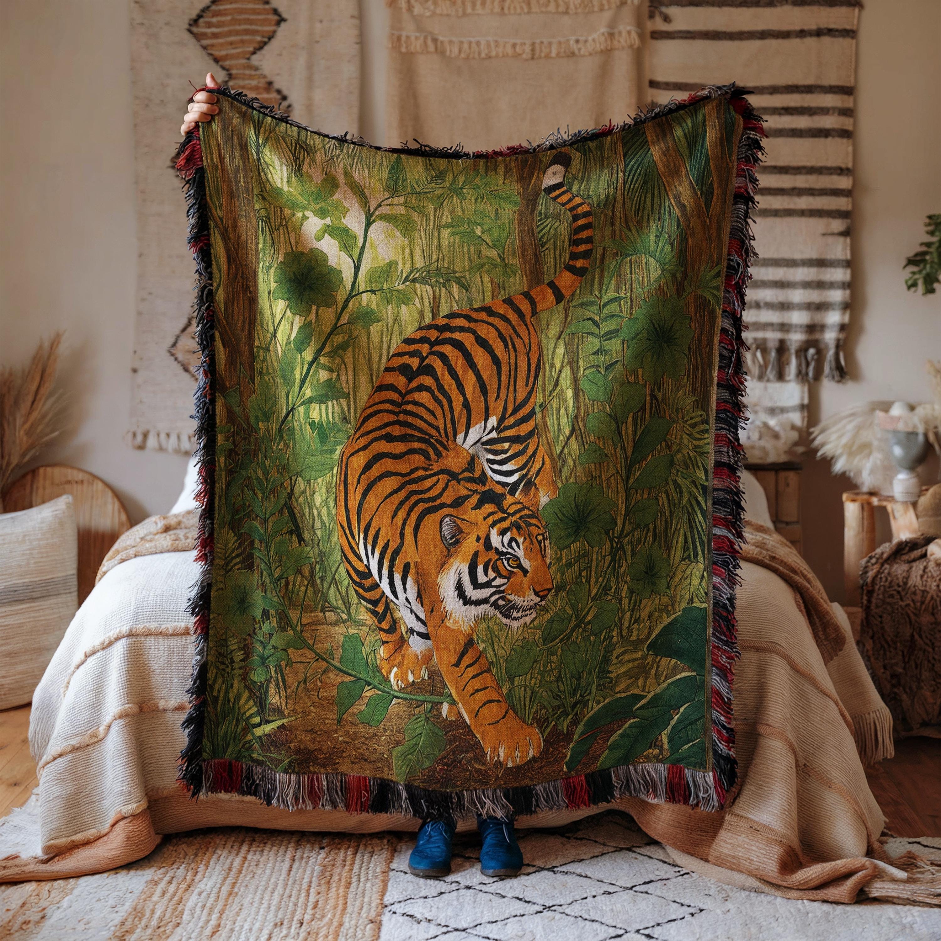 Tiger Woven Blanket: Cotton Jacquard Throw, Jungle Tapestry - Etsy