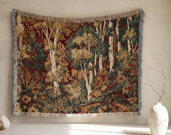 Coperta tessuta con scena di foresta / Arazzo da parete in stile cottagecore / Plaid vintage a tema natura / Decorazione boschiva