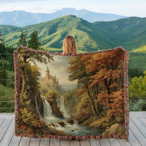 Tapestry Landscape Blanket, Cozy Throw with Castle Design, Decorative Autumn Forest Scene, Mountain View, Large Woven Blanket